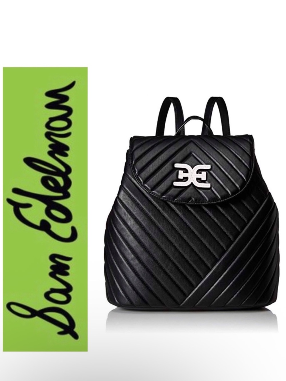 Sam Edelman Sleek Tufted Backpack Black with White Detail EUC